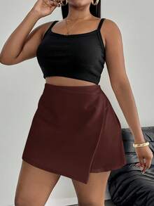 SHEIN PETITE CURVE Plus Size Summer Casual Solid Color Wrap Skirt - Coffee Brown - View 3