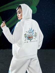 Rick and Morty X SHEIN 加大码标语卡通图案袋鼠口袋插肩袖抽绳卫衣 - 白色 - 查看 2