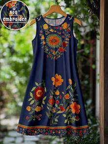 EMERY ROSE 大尺碼女款仿刺繡印花圓領無袖洋裝，舒適度假洋裝 - 彩色 - 查看 1