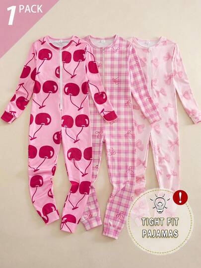 Girls' Slim Fit Long Sleeve Long Pants Jumpsuit With Bow Print And Zipper, Loungewear