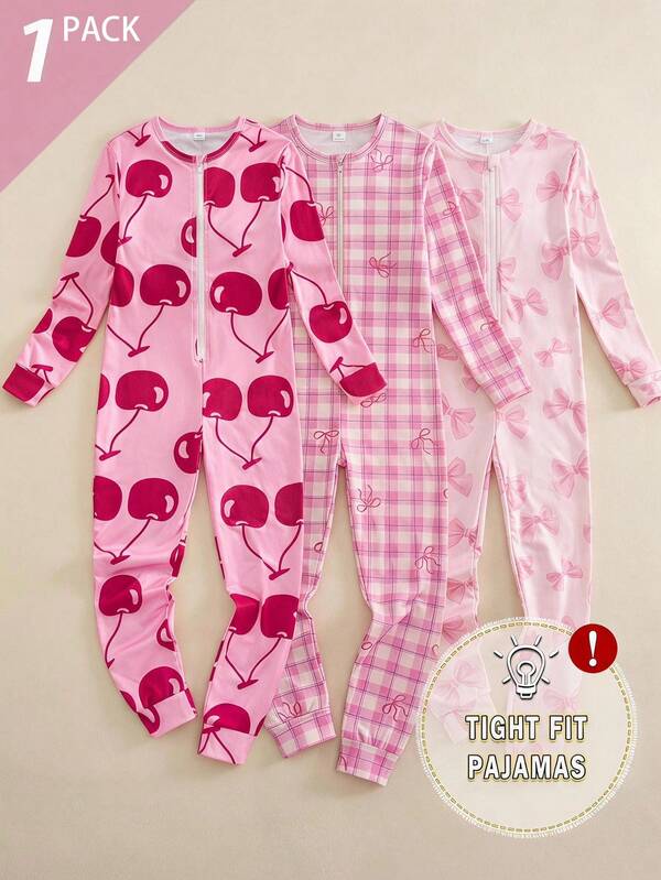 Girls' Slim Fit Long Sleeve Long Pants Jumpsuit With Bow Print And Zipper, Loungewear