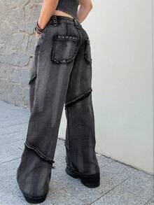 Grunge Punk ROMWE X Lorella Spring Casual Y2K Punk Rivet Decor Distressed Vintage Washed Wide Leg Low Waist Jeans - Black - View 3