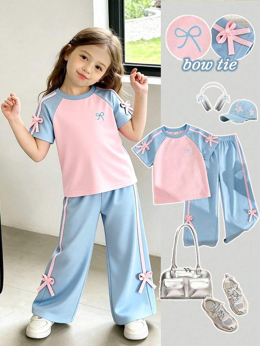 Genkimix Kids 女童春夏休閒時尚新款T恤套裝,採用柔軟親膚優質面料,上衣經典粉綠拼色插肩袖設計,胸前飾有精緻小蝴蝶結熱轉印圖案,領口與肩部飾以相配粉色條紋拼接,適合日常上學、外出、度假、日常運動與派對 - 淺藍色 - 查看 1