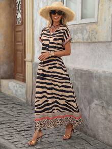Brillora Spring/Summer Vacation V-Neck Half-Button Textured Fabric Women's Short Sleeve Loose Fit Dress Beach Brown Zebra Print Bell Bottom Boho Tropical - Apricot - View 5