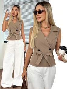 Easowa Women's Double-Breasted Sleeveless Trench Coat Autumn Formal Wear Work Business Office Outfits Black Casual Smart Elegant - Camel - View 3