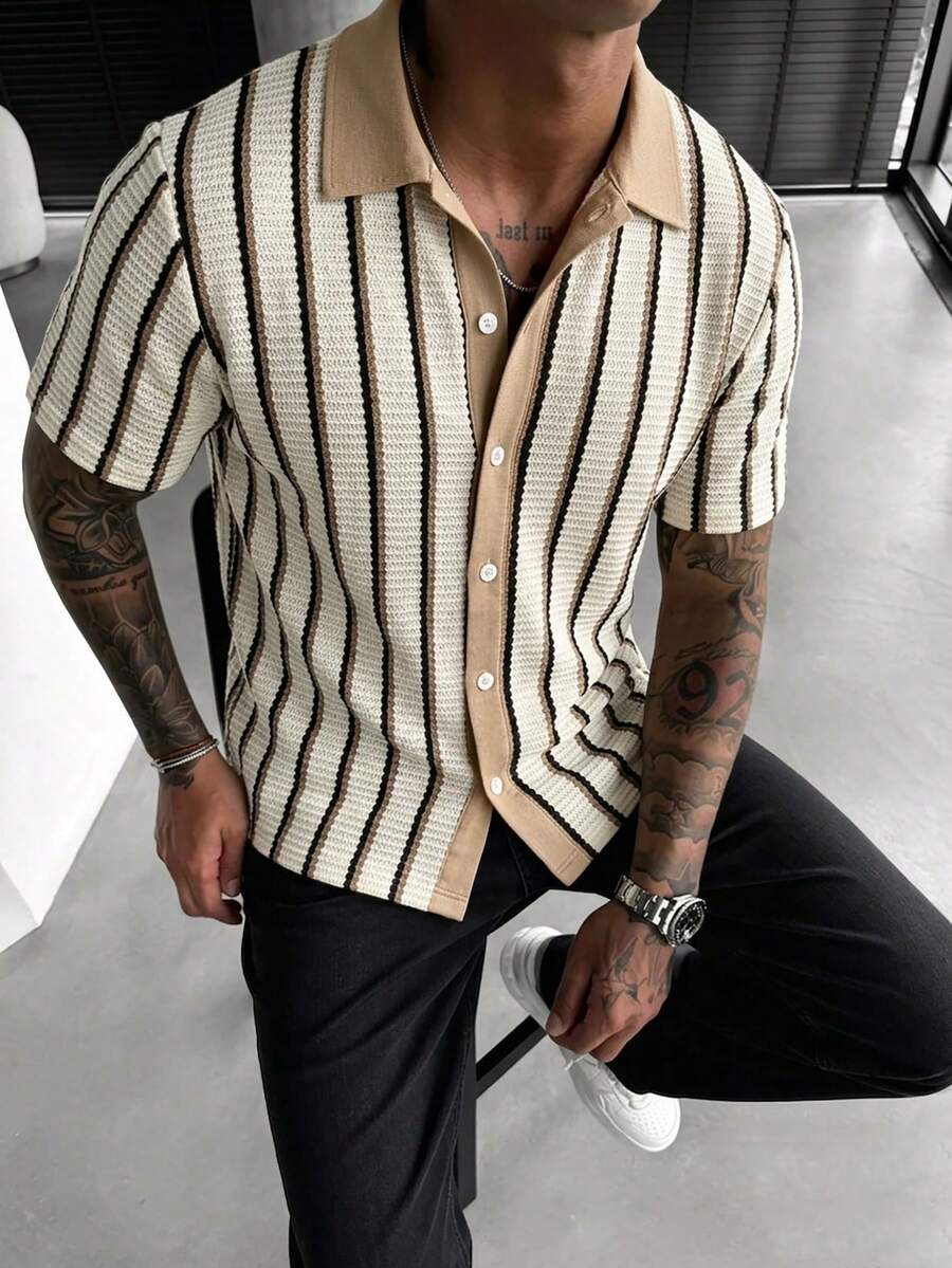 Manfinity CasualCool Men's Casual Loose Knit Jacquard Versatile Shirt - Multicolor - View 1