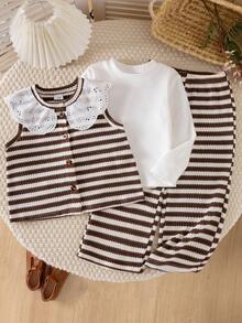 3pcs Genkimix Young Girl Ruffle Collar Fitted Solid Color Base Layer Top + Lace Collar Fashion Casual Front Button Vest + Fashion Casual Solid Color Straight Leg Pants - Brown - View 9