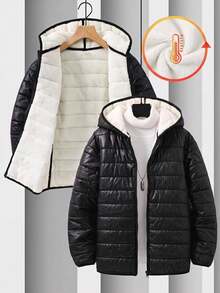 SHEIN Tween Boy Hooded Thermal Kids Lined Thick Black Jacket, Autumn/Winter, Quilted Coat, Winter Coat, Parka Coat, Padded Coat, Padded Coat, Quilted Coat - Black - View 3