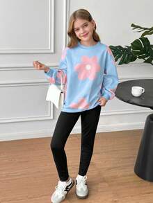 SHEIN Tween女孩休閒圓領長袖秋季衛衣套裝 - 藍色 - 查看 4