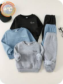SHEIN 6件組嬰兒男孩女孩可愛秋冬休閒百搭純色字母圖案長袖運動衫運動褲套裝基礎款多件組 - 彩色 - 查看 9
