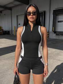 Dewbera Dewbera New High Neck Sports T-Shirt Tank Top With Zipper And Color Block Design Streets Wear - Black and White - View 5