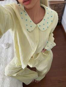 DAZY Women's Star Print Patchwork Top & Pants Pajama Set Fall - Green - View 14