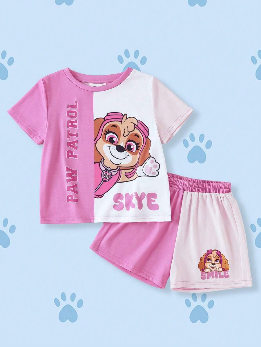 SHEIN | PAW Patrol Young Girls Colorblock Round Neck Short Sleeve Cute Print Casual Summer T-Shirt Set - Pink - View 1