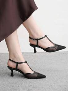 CUCCOO BIZCHIC 法式復古尖頭網布T字帶扣小貓跟女鞋 氣質百搭通勤女高跟鞋 - 黑色 - 查看 1