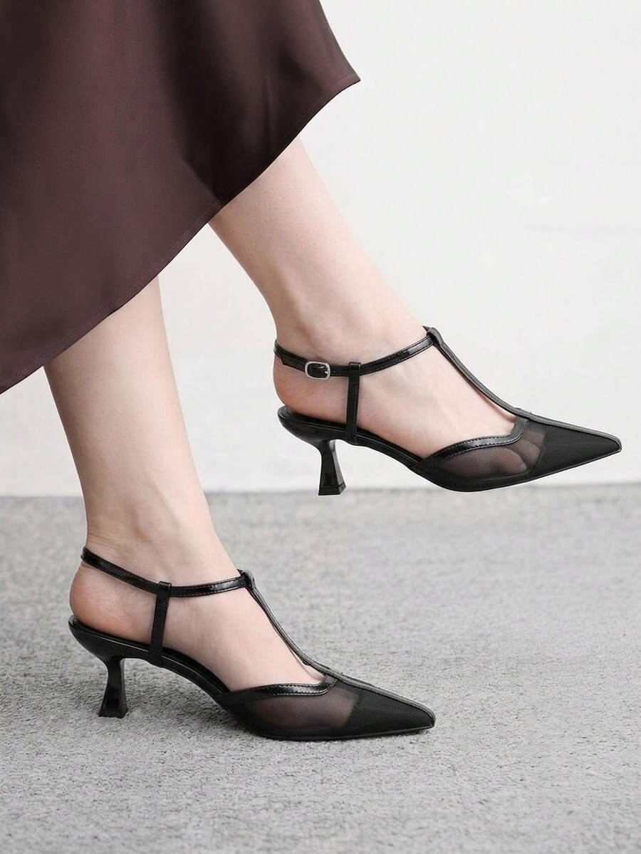 CUCCOO BIZCHIC 法式復古尖頭網布T字帶扣小貓跟女鞋 氣質百搭通勤女高跟鞋 - 黑色 - 查看 1