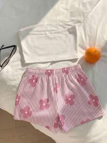 SHEIN EZwear 花卉與條紋印花上衣 + 粉色與白色條紋長褲 2 件套，休閒極簡浪漫復古，音樂節穿搭，海灘穿搭，度假穿搭，外出穿搭，女款夏季穿搭 - 彩色 - 查看 2