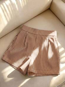 SHEIN Franclia Spring/Summer New High-End French Striped Pattern Pleated Decor Button-Up Elegant Sophisticated Women's Top + Striped Shorts, Women's Shorts, Sleeveless Top, Spring Clothing, Summer Outfit, Women's Spring/Summer Set, Women's Blue And White Two Pieces Set, Vacation, Outing, Y2K, Spring, Summer, Back To School, Casual, Beach, Business, Women's Spring/Summer Set - Rust Brown - View 4
