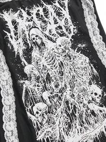 ROMWE Grunge Punk Subculture Gothic Goth Grunge Lace Patchwork Skeleton Print Backless Bodycon Mini Dress For Women Concert Club Black And White Summer - Black - View 3