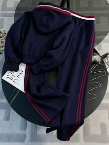 Franclia Atasan Kardigan Lengan Panjang Berkerudung + Celana Panjang Lurus - Navy Blue - View 2