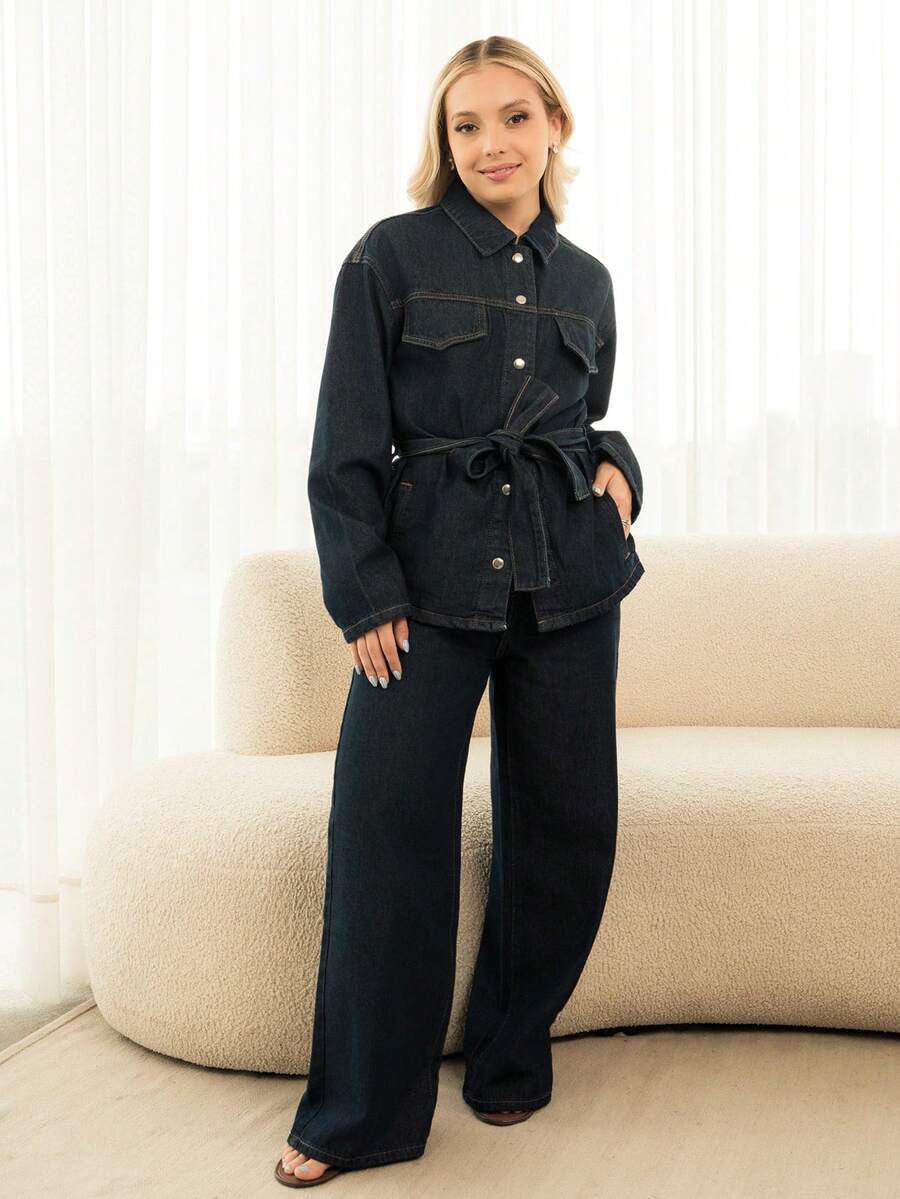 Ximena Robles Ximena Robles Autumn/Winter New Loose Casual Distressed Wash Waist Cinched Women Denim Suit - Blue - View 1
