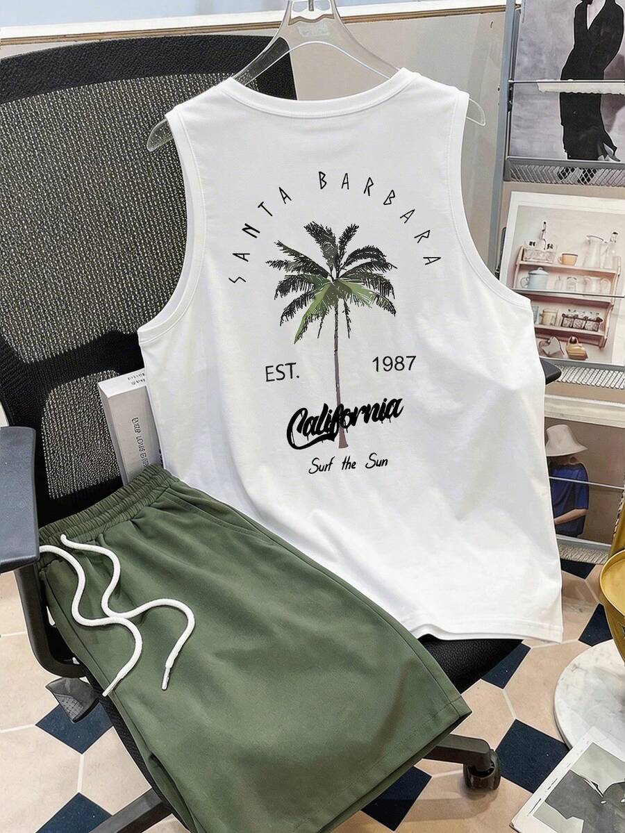 Daypath Plus Size Men's Casual Vacation Coconut Tree Pattern Tank Top Knit Top And Woven Shorts Set, 2-Piece Set, Suitable For Summer, Outings, Swimming, Surfing - Green - View 1