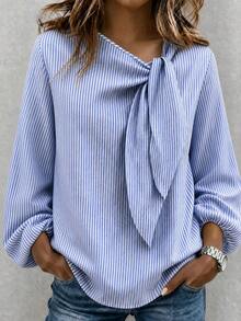 Linhara CURVE Plus-Size Women's Fall Striped Pattern Round-Neck Tie-Dye Loose-Fitting Long-Sleeved Top. Suitable For Commuting, Daily Casual Wear, Daily Outings - Blue and White - View 1