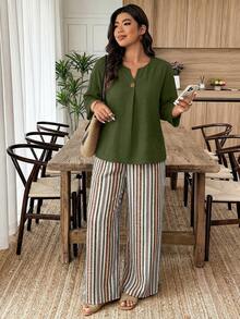 Weeklong Casual Style Plus Size Women's Solid Color Notch V-Neck Shirt And Striped Pants 2-Piece Set - Multicolor - View 5