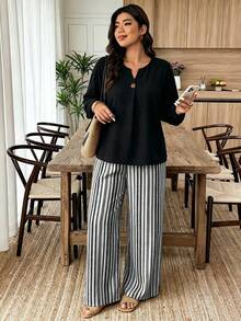 Weeklong Casual Style Plus Size Women's Solid Color Long Sleeve Shirt And Striped Pants 2pcs Set - Multicolor - View 5