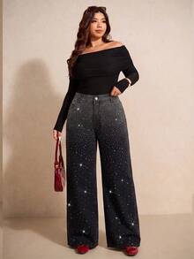 Elaquor Plus Size Street Style Hot Girl Rhinestone Button Pocket Loose Denim Jeans Fall Clothes Halloween Sparkly Jeans Shiny Pants Luxury Jeans Black Jeans - Black - View 6