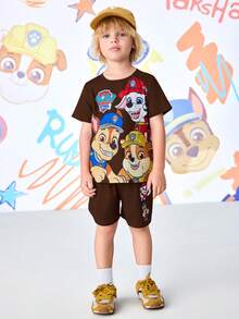 SHEIN | PAW Patrol 小男孩圓領卡通印花短袖T恤與短褲休閒日常套裝 - 棕色 - 查看 4