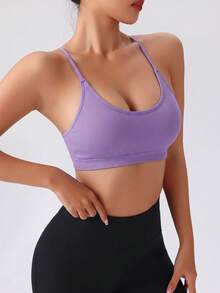 SHEIN Sports 女款純色無縫運動內衣，適合休閒日常穿著 - 紫色 - 查看 4