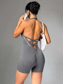 Slayform Slayform Seamless Knit Sexy Halter Backless Women's Sports Romper - Grey - View 3