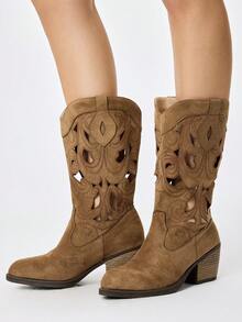 ROMWE Fairycore Women's Brown Western Boots, Pointed V-Cut Thick Heel Embroidered Boots, Low Heel Clogs, Zip Knight Boots And Ankle Boots Spring Shoes - Brown. Hollow. - View 4