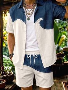 Alderstead Men's Two Piece Set,  Print Textured Fabric, Button Down Shirt And Shorts, Contrast Design, For Vacation, Beach, Daily Wear - Multicolor - View 6