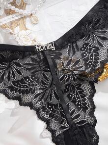 SHEIN 3pcs Women's Sexy Lace Metal Buckle Thong - Black - View 2