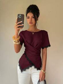 Siren Gaze Blusa Feminina Nova Primavera/Verão com Renda e Patchwork, Cintura Marcada - Vinho - Visão 6