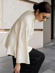 Ontre 2026 New Fall Loose Fit Solid Off-White Long Sleeve Blouse, Woven Fabric Ruffle Trim, Stand Collar, Frog Button Placket, Elegant Tea Party Brunch - Apricot - View 4