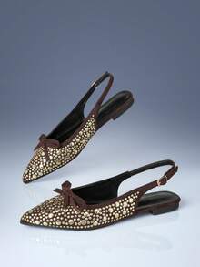 CUCCOO GRLICON French Retro Dark Brown Rivet Pointed Back Strap Flats, Niche Bow Design Sandals Fall Shoes - dark brown - View 3