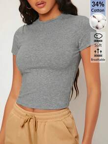 SHEIN BASICS 女款純色休閒圓領短袖短版T恤上衣 白色上衣 - 灰色 - 查看 6