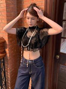 DAZY 女款優雅蕾絲荷葉邊飾夏季襯衫 - 黑色 - 查看 4