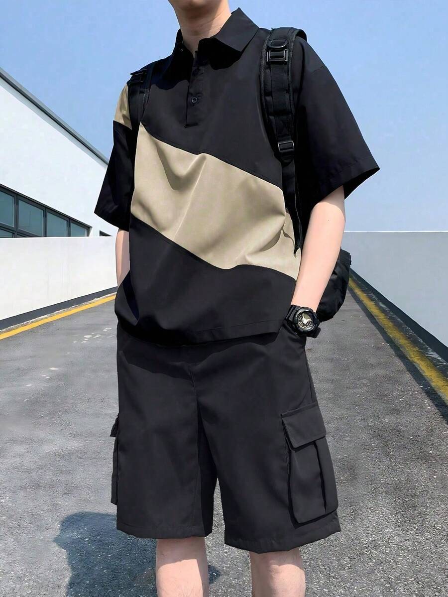 Manfinity Hypemode Men's Colorblock Short Sleeve T-Shirt And Shorts Casual Daily 2 Pieces Set - Multicolor - View 1