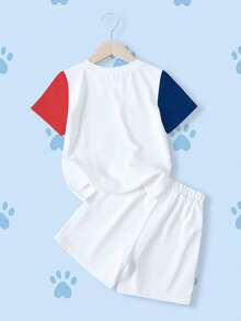 SHEIN | PAW Patrol 2pcs/Set Young Boy Contrast Color Cartoon Print Round Neck Short Sleeve T-Shirt And Elastic Waist Shorts Set - White - View 2