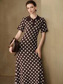 Arave Women's Dress Slim Fit Knit Polo Button Raw Edge Vintage Retro Elegant Brown And White Polka Dot Party Everyday High Tea Brunch Wedding Birthday Fall - Multicolor - View 5