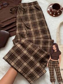 Comfortcana Plus Size Casual 90s Minimalist Plaid Drawstring Waist Everyday Long Pants Back-To-School Graduation Chocolate Brown Autumn - Brown - View 1