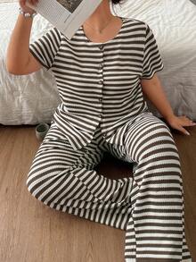 Napfluff CURVE Napfluff CURVE Striped Women's Spring/Autumn Short Sleeve & Long Pants Fashion Loungewear 2 Pieces Set Plus Size - Multicolor - View 3