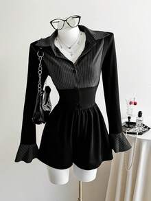 Elamini Jumpsuit Wanita 2 In 1 Motif Garis-Garis Musim Gugur dengan Kerah Kemeja Lengan Panjang - Hitam - View 6