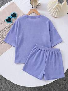 SHEIN LMoss Kids 两件套女童针织纯色圆领宽松T恤和修身短裤套装 - 紫色 - 查看 2