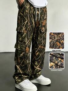 Manfinity Dauomo 男士休閒樹枝與枯葉印花抽繩腰工裝褲 - 彩色 - 查看 1