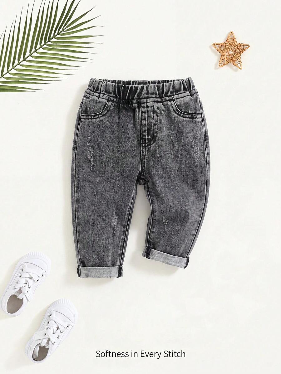Cozy Pixies Baby Boys Casual Washed Elastic Waist Denim Jeans - Grey - View 1