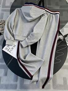 Franclia Regular Hooded Long Sleeve Cardigan Top + Straight Leg Pants - Grey - View 3